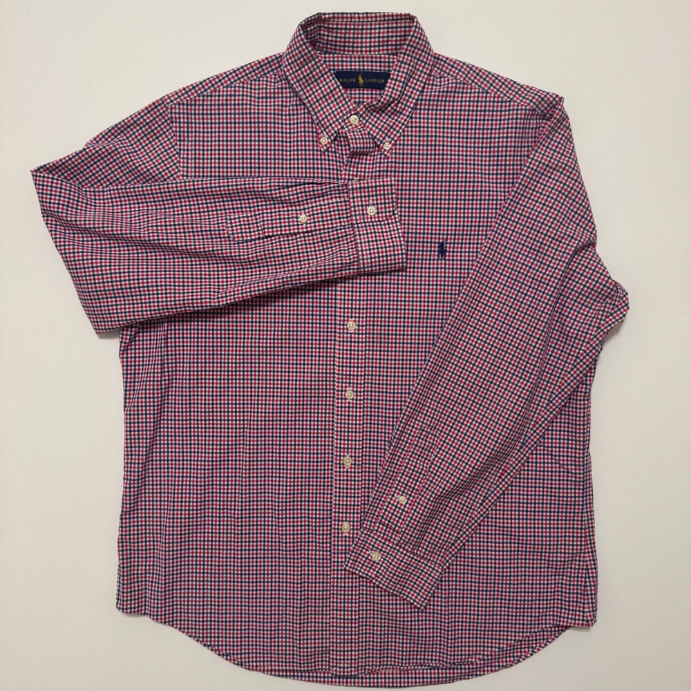 Ralph Lauren Button Down Shirt Mens L Red Blue Gingham Excellent Long Sleeve - Picture 2 of 7